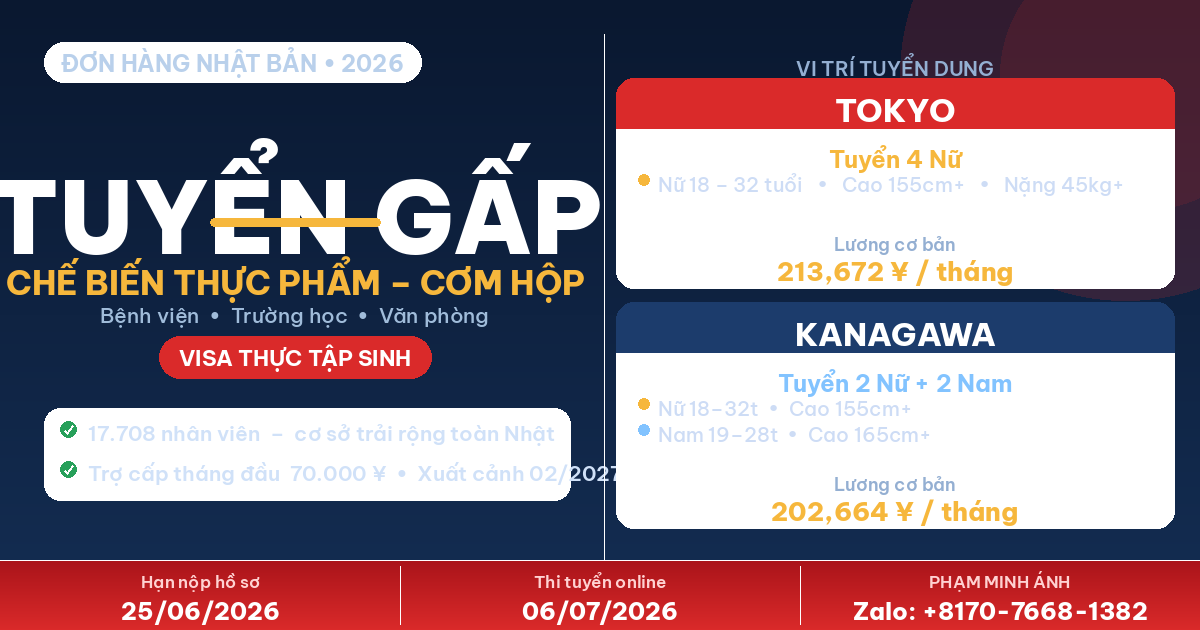Tuyển Thực Tập Sinh Chế Biến Thực Phẩm – Cơm Hộp Tại Tokyo & Kanagawa | Xuất Cảnh 02/2027